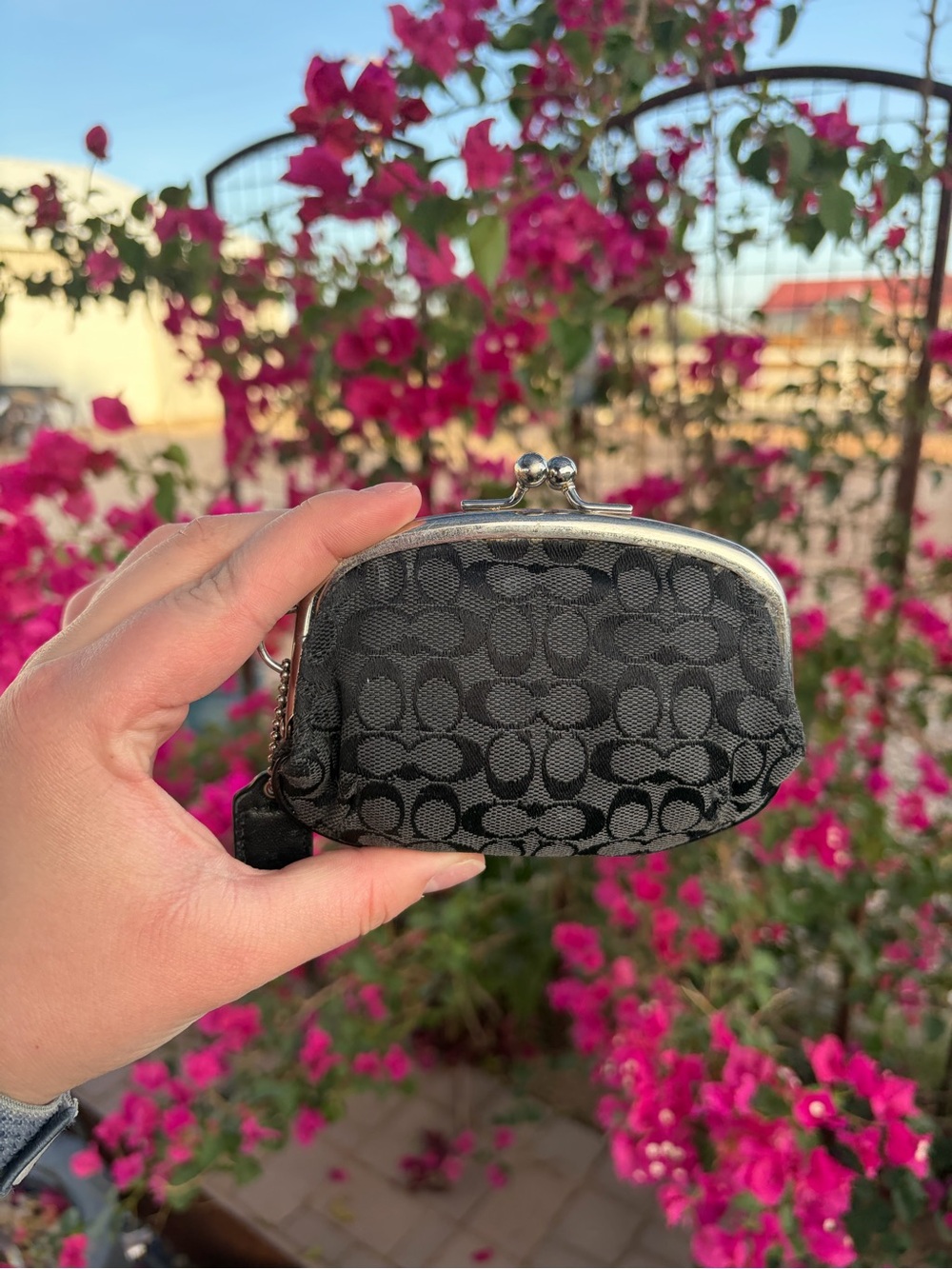 Coach Black Signature Kiss-Lock Coin Pouch